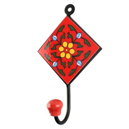 Tiny Flower Ceramic Tile Hook in Red